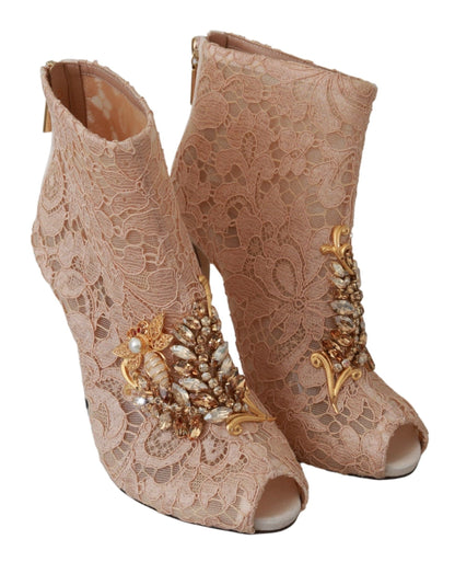 Dolce &amp; Gabbana Pink Crystal Lace Booties Stilettos Shoes