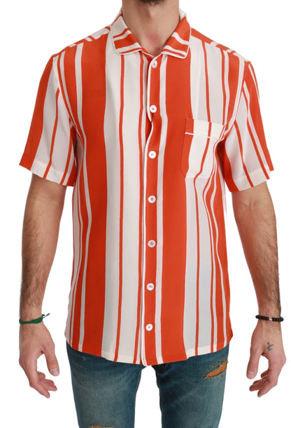 Dolce & Gabbana Orange Silk Striped Short Sleeve White Shirt by Dolce & Gabbana