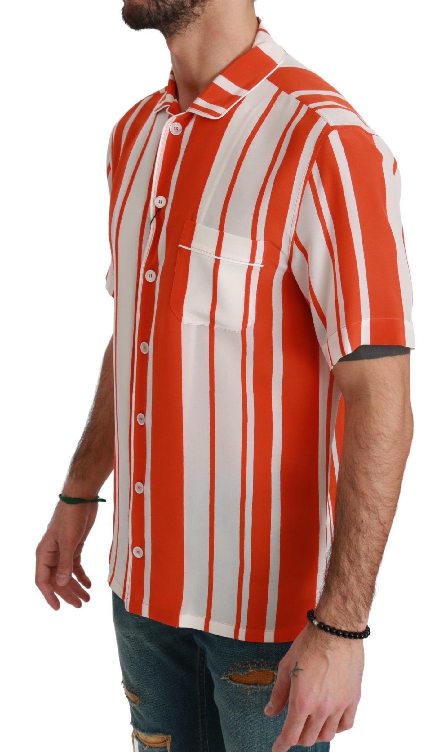 Dolce & Gabbana Orange Silk Striped Short Sleeve White Shirt by Dolce & Gabbana