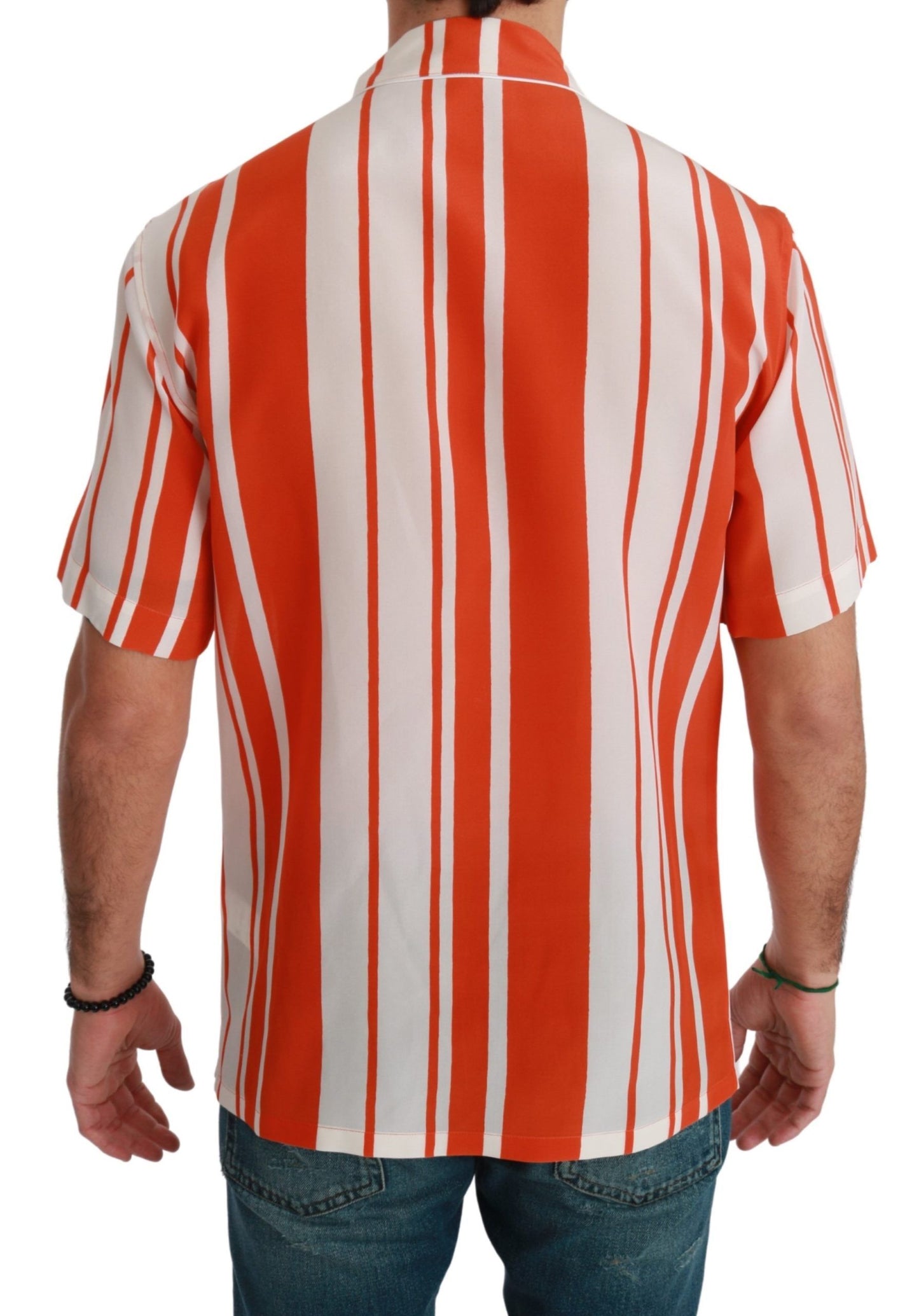 Dolce & Gabbana Orange Silk Striped Short Sleeve White Shirt by Dolce & Gabbana