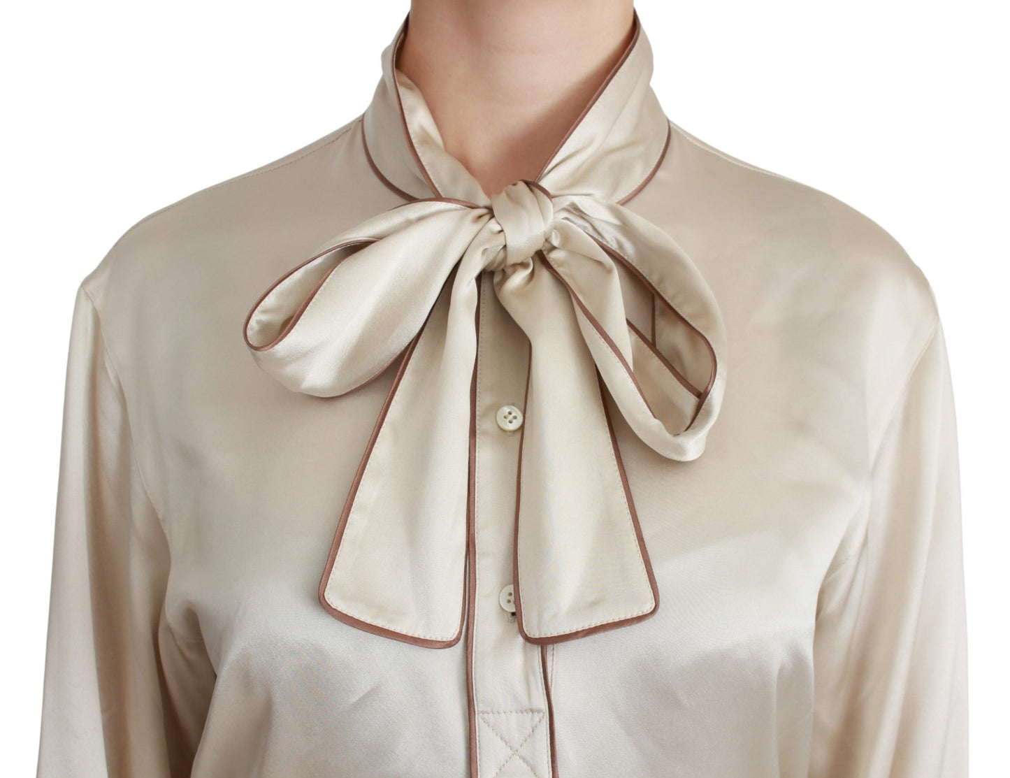 Dolce &amp; Gabbana Élégant chemisier en satin de soie beige avec broderie QUEEN