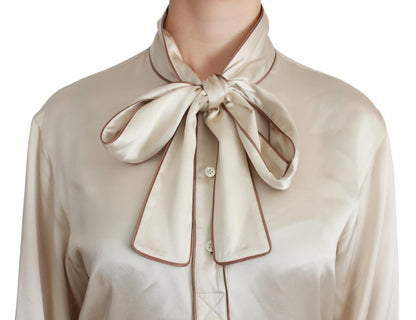 Dolce &amp; Gabbana Élégant chemisier en satin de soie beige avec broderie QUEEN