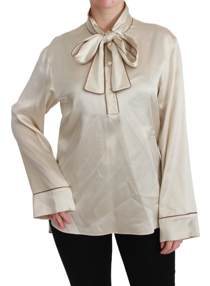 Dolce &amp; Gabbana Élégant chemisier en satin de soie beige avec broderie QUEEN