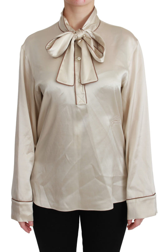 Dolce &amp; Gabbana Élégant chemisier en satin de soie beige avec broderie QUEEN