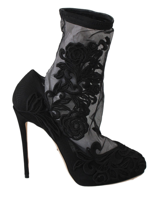 Bottines chaussettes à talons aiguilles brodées à fleurs Dolce &amp; Gabbana
