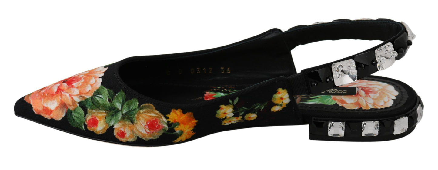 Dolce & Gabbana Black Floral Crystal Slingbacks Flats Shoes by Dolce & Gabbana
