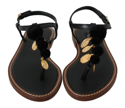 Dolce & Gabbana Black Leather Coins Flip Flops Sandals Shoes by Dolce & Gabbana