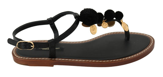 Dolce & Gabbana Black Leather Coins Flip Flops Sandals Shoes by Dolce & Gabbana