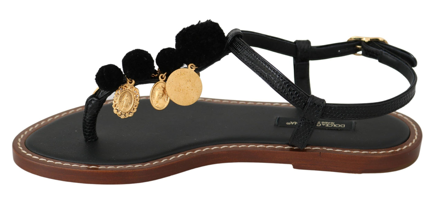 Dolce & Gabbana Black Leather Coins Flip Flops Sandals Shoes by Dolce & Gabbana