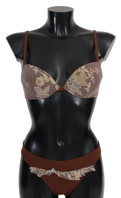 Maillot de bain deux pièces élégant en dentelle marron PINK MEMORIES