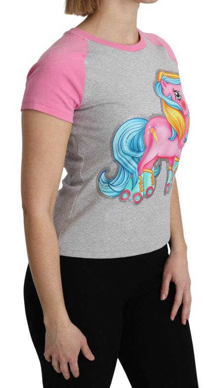 T-shirt ras du cou gris en coton Moschino Chic avec des touches de rose