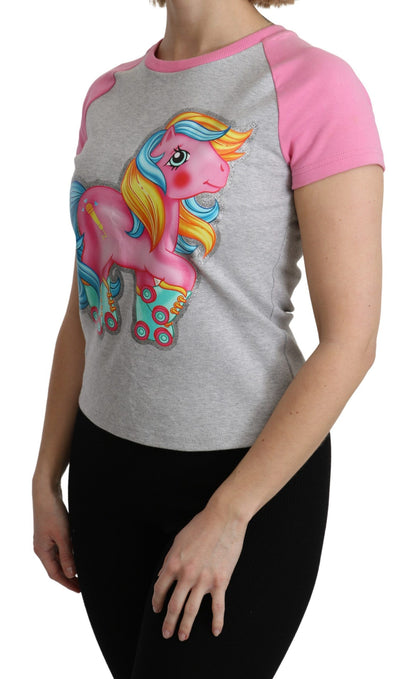 T-shirt ras du cou gris en coton Moschino Chic avec des touches de rose