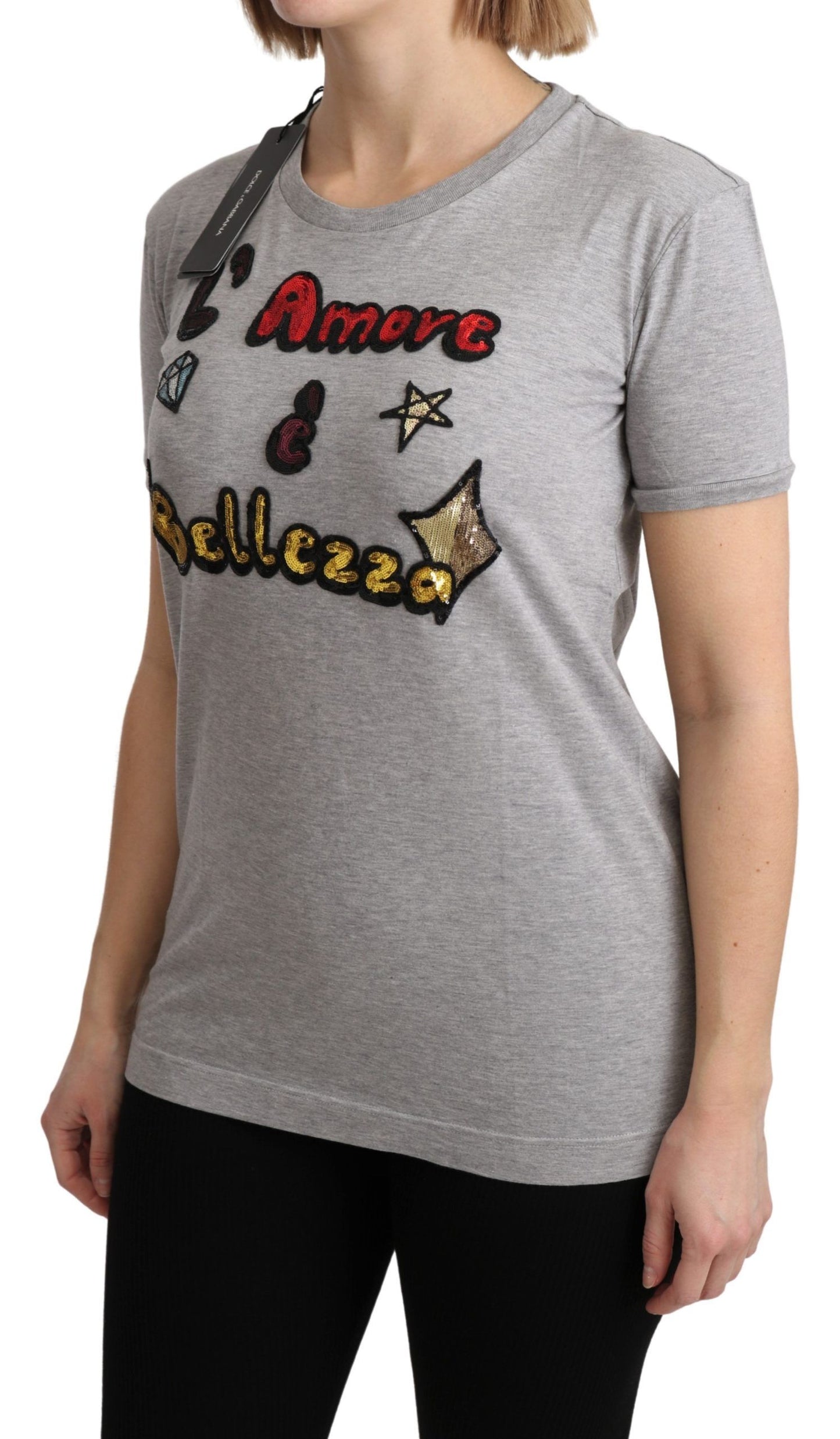 Dolce &amp; Gabbana Gray Cotton Amore e Bellezza Top T-shirt