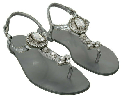 Dolce &amp; Gabbana Silver Crystal Sandals Flip Flops Shoes