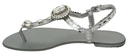 Dolce &amp; Gabbana Silver Crystal Sandals Flip Flops Shoes