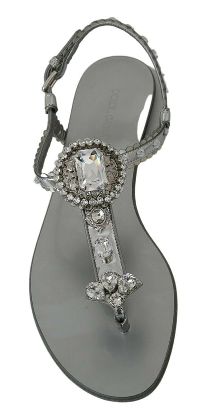 Dolce &amp; Gabbana Silver Crystal Sandals Flip Flops Shoes