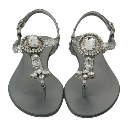 Dolce &amp; Gabbana Silver Crystal Sandals Flip Flops Shoes