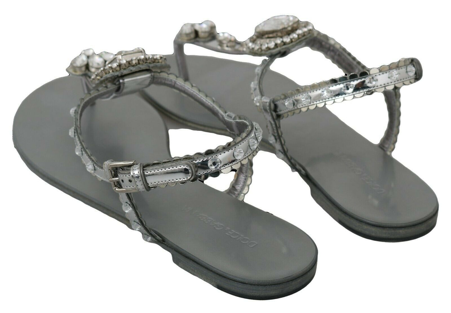 Dolce &amp; Gabbana Silver Crystal Sandals Flip Flops Shoes