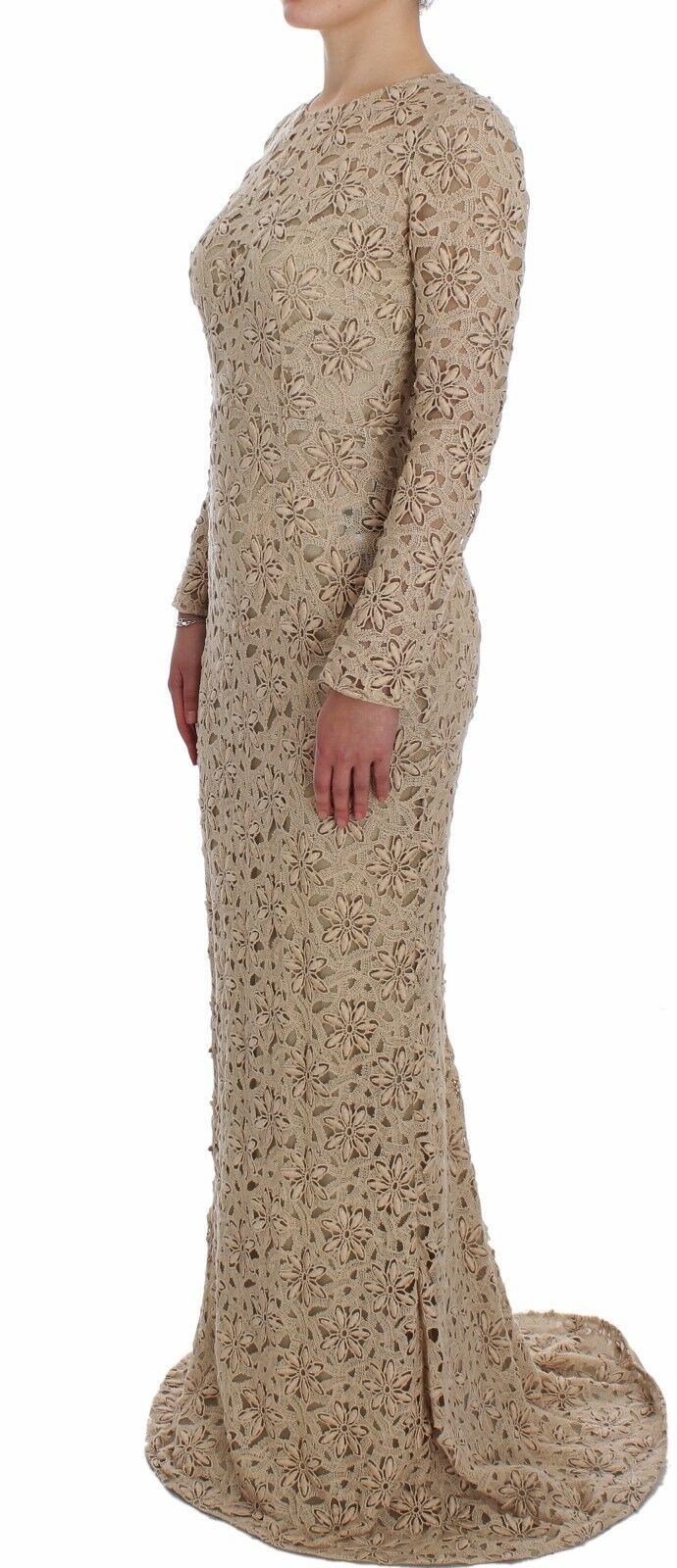 Robe longue à manches longues en dentelle florale beige Dolce &amp; Gabbana