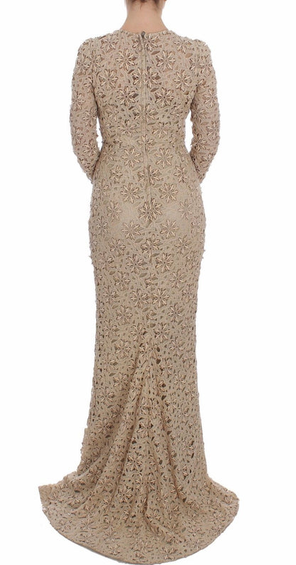 Robe longue à manches longues en dentelle florale beige Dolce &amp; Gabbana