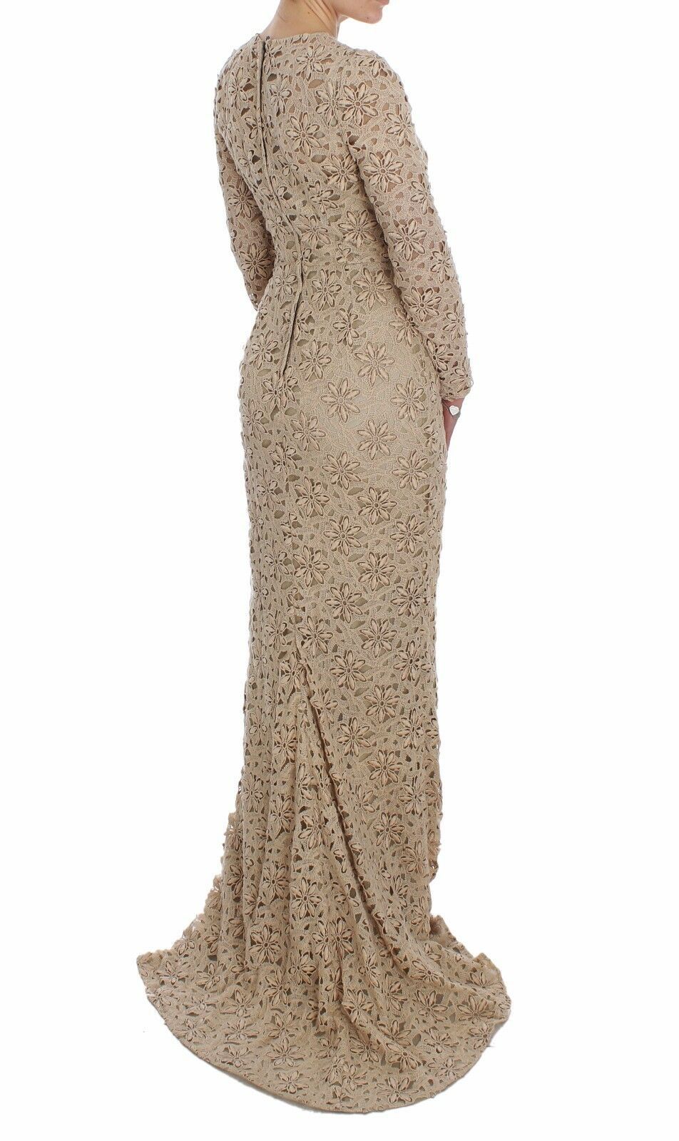 Robe longue à manches longues en dentelle florale beige Dolce &amp; Gabbana