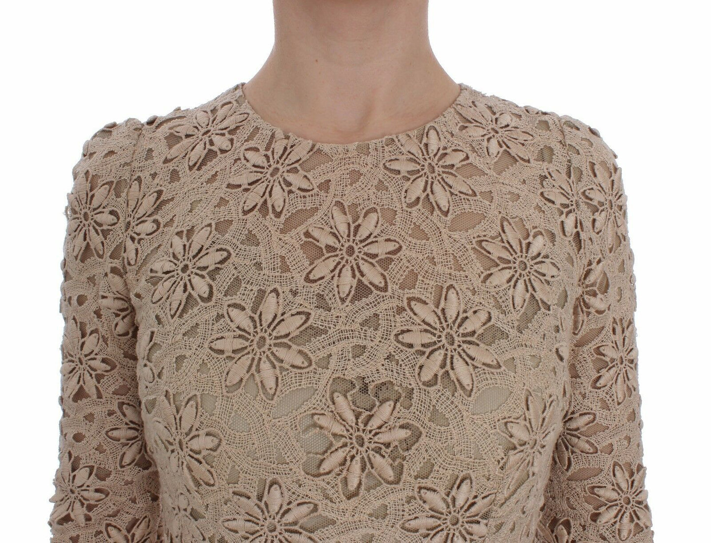 Robe longue à manches longues en dentelle florale beige Dolce &amp; Gabbana
