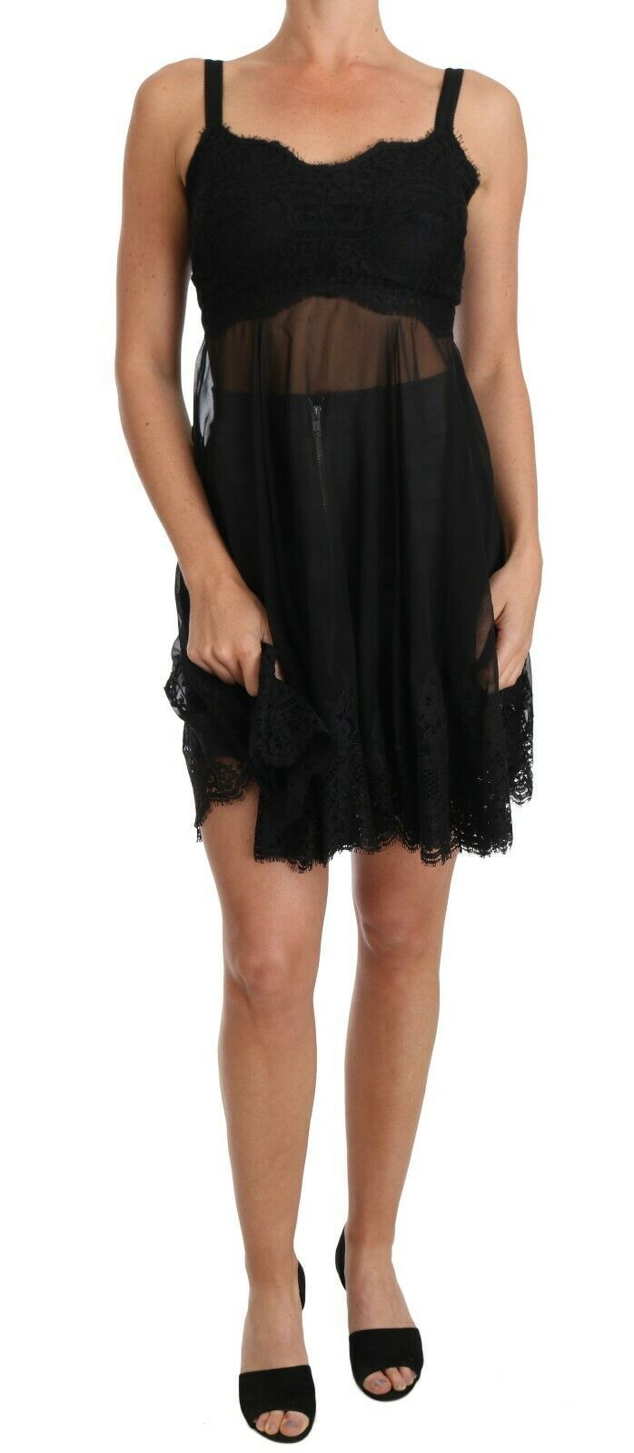 Robe chemise élégante en soie noire et dentelle florale Dolce &amp; Gabbana