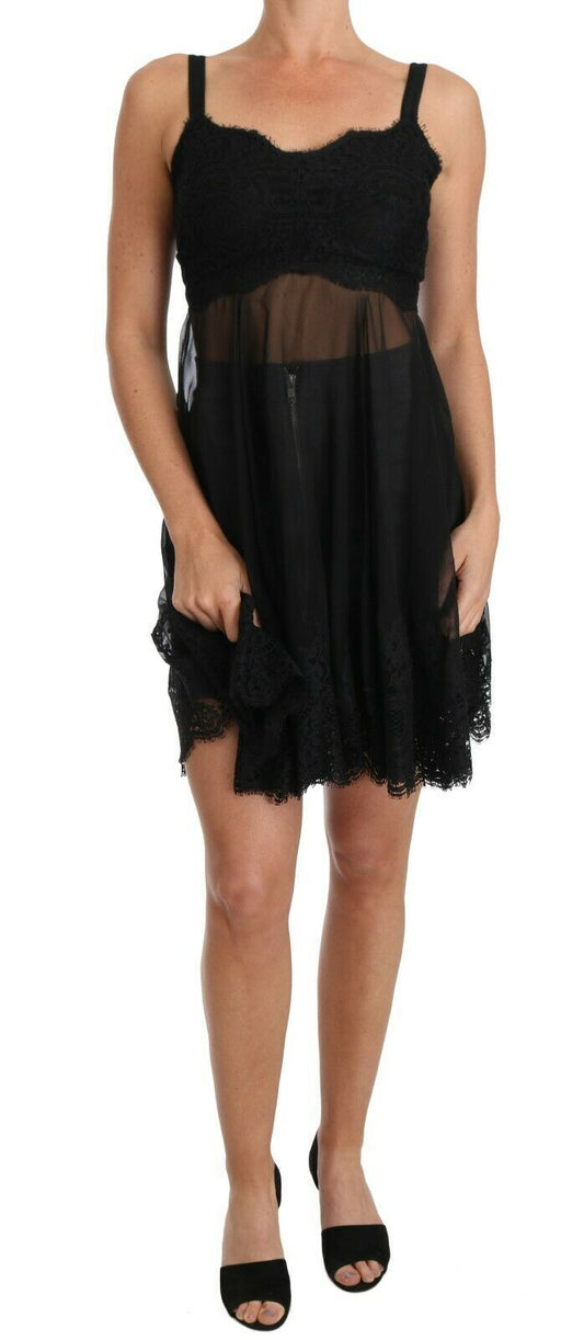 Robe chemise élégante en soie noire et dentelle florale Dolce &amp; Gabbana