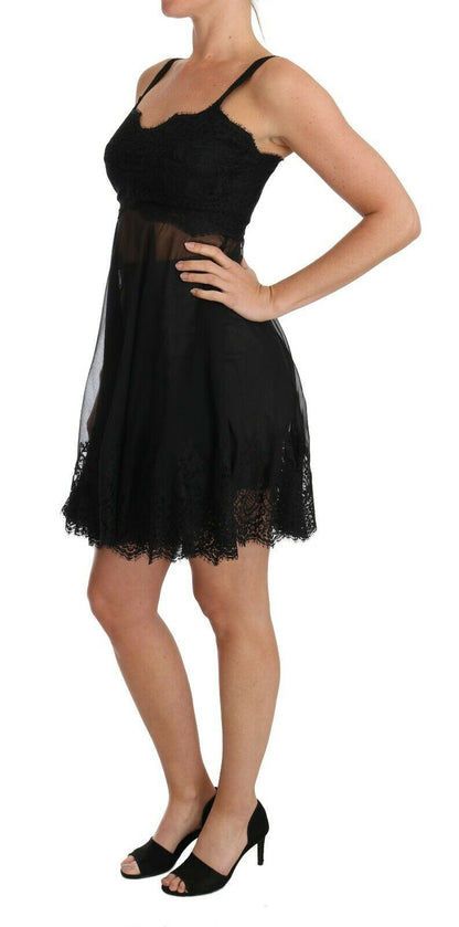 Robe chemise élégante en soie noire et dentelle florale Dolce &amp; Gabbana