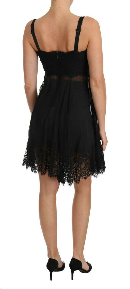 Robe chemise élégante en soie noire et dentelle florale Dolce &amp; Gabbana