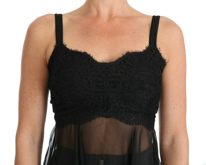 Robe chemise élégante en soie noire et dentelle florale Dolce &amp; Gabbana