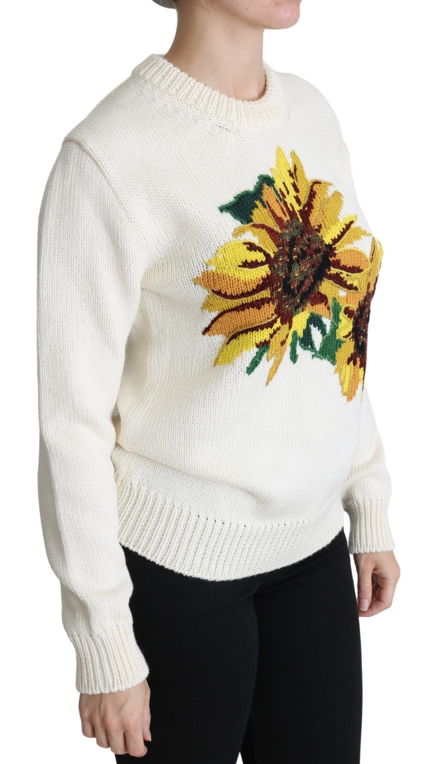 Dolce & Gabbana White Floral Wool Pullover Sunflower Sweater by Dolce & Gabbana