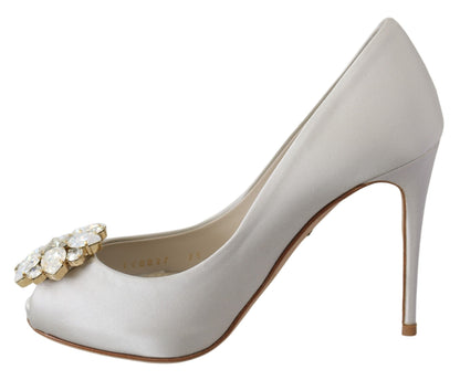 Escarpins à bout ouvert en soie mélangée Dolce &amp; Gabbana à cristaux blancs