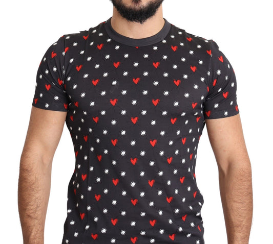 Dolce &amp; Gabbana Dark Gray Hearts Print Cotton Men T-shirt