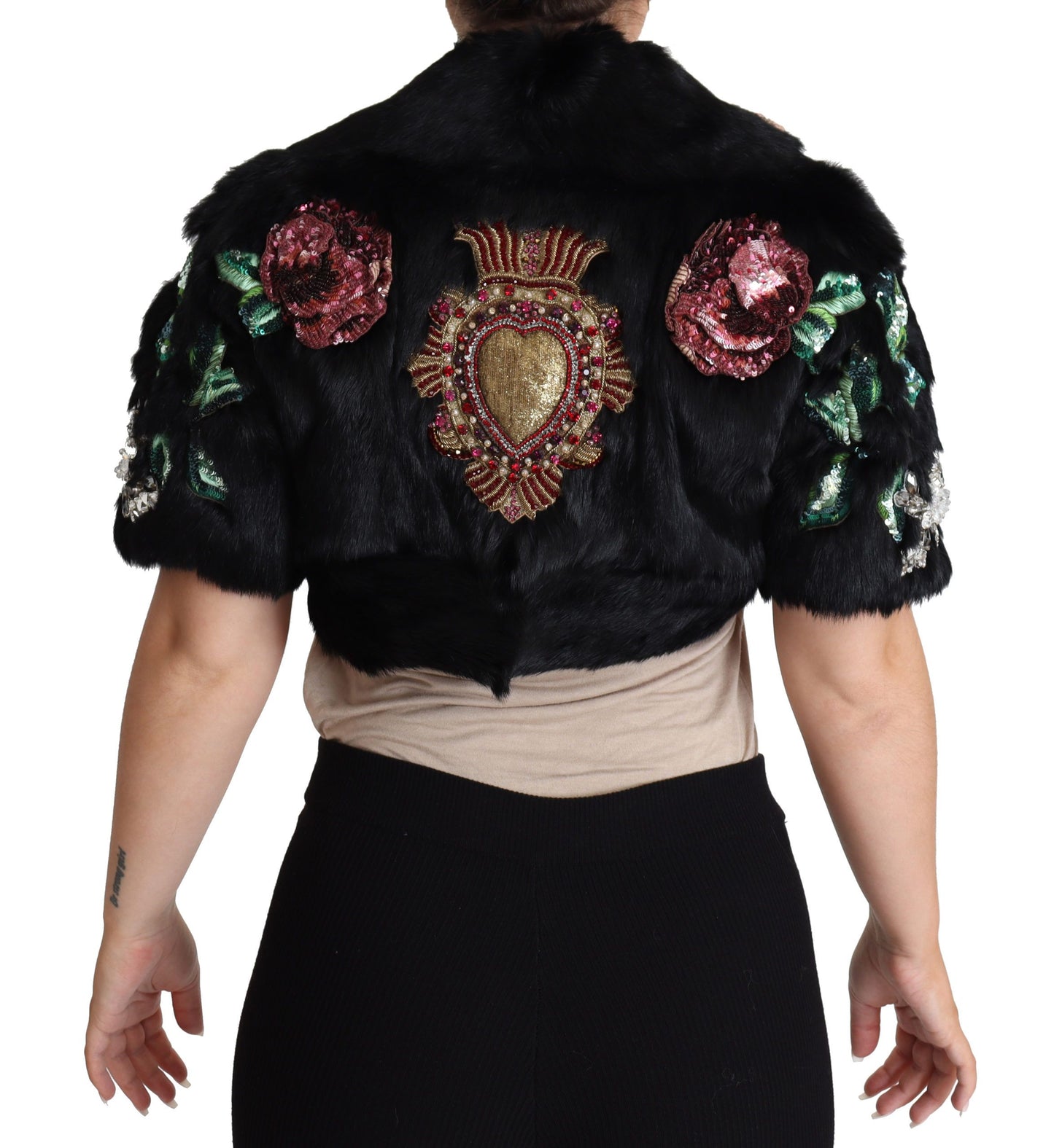 Dolce &amp; Gabbana Élégante veste en fourrure de lapin noire et cristaux