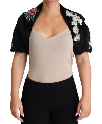 Dolce &amp; Gabbana Élégante veste en fourrure de lapin noire et cristaux