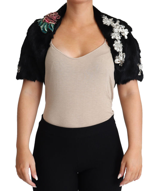 Dolce &amp; Gabbana Élégante veste en fourrure de lapin noire et cristaux