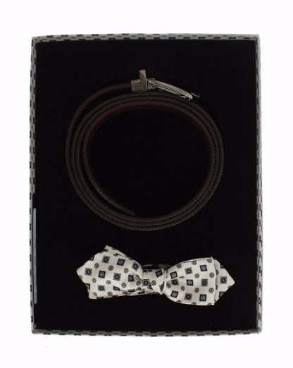 Dolce &amp; Gabbana White Silk Bowtie Leather Men Belt Gift Box