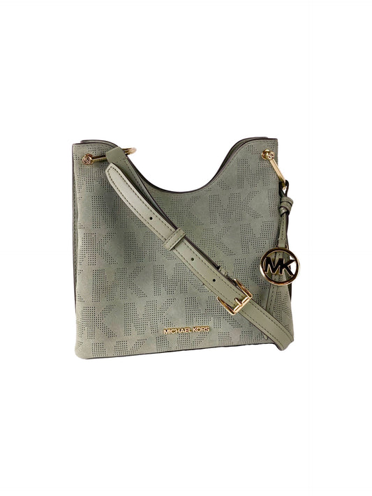 Sac à main Michael Kors Joan, grand modèle, en daim perforé, souple et messager (vert armée)