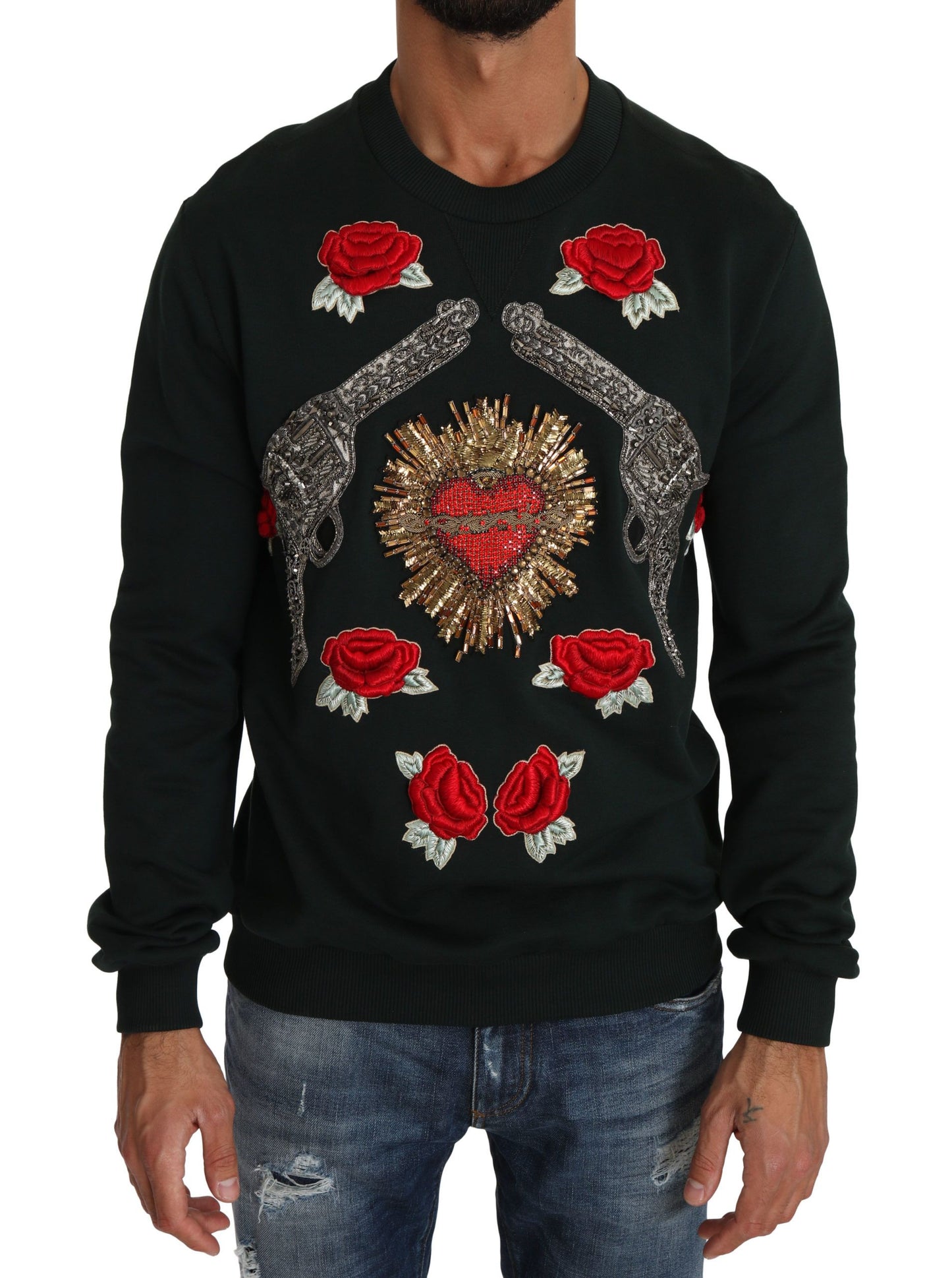 Pull en coton émeraude Dolce &amp; Gabbana avec broderie en cristal