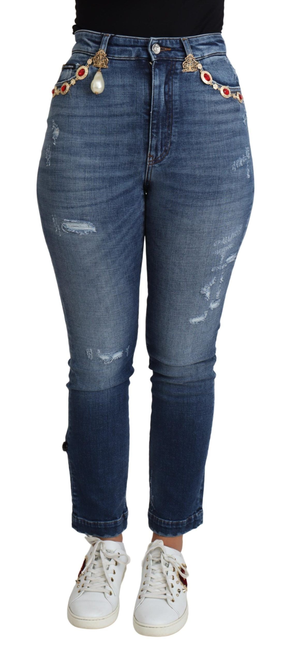 Dolce & Gabbana Blue Embellished Skinny Trouser Cotton Jeans by Dolce & Gabbana