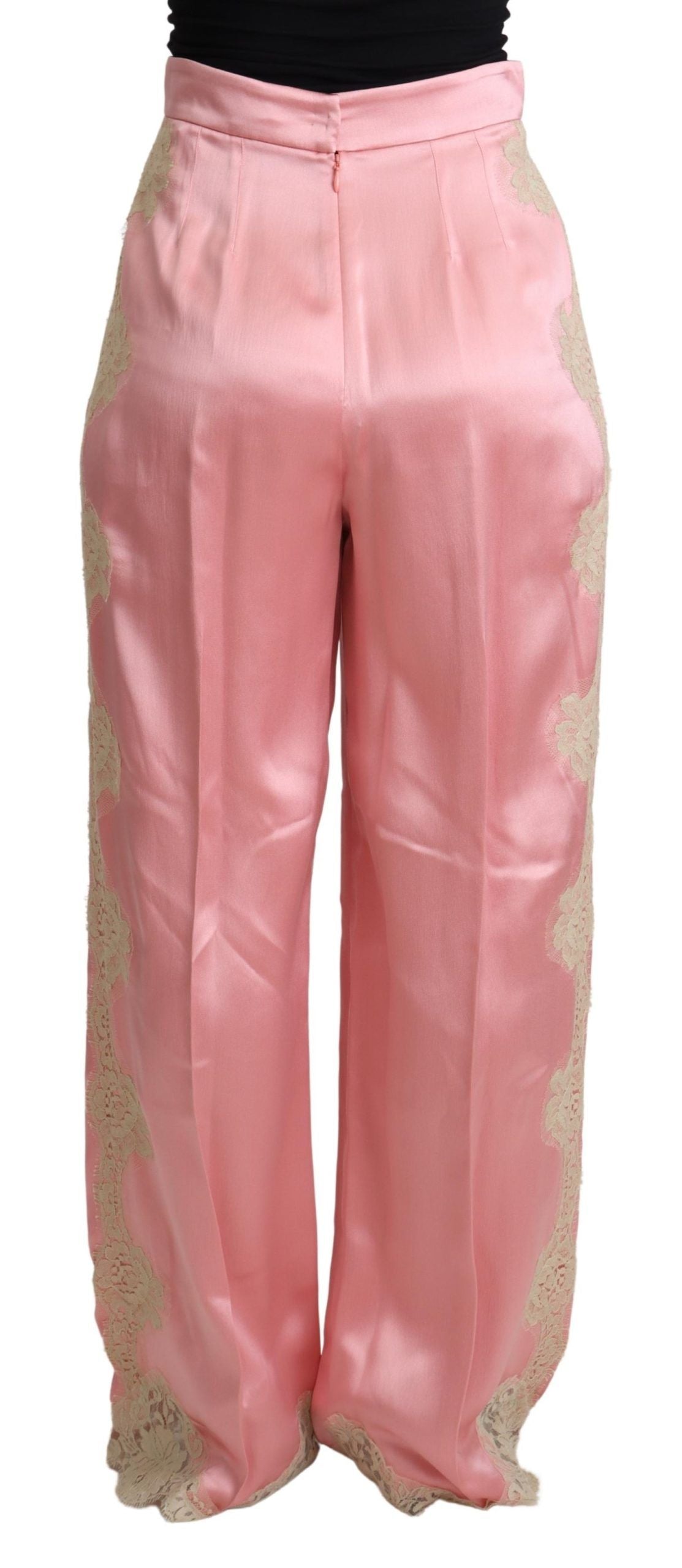 Dolce & Gabbana Pink Lace Trimmed Silk Satin Wide Legs Pants by Dolce & Gabbana