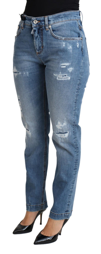 Dolce & Gabbana Blue Tattered Skinny Denim Cotton Blend Jeans by Dolce & Gabbana