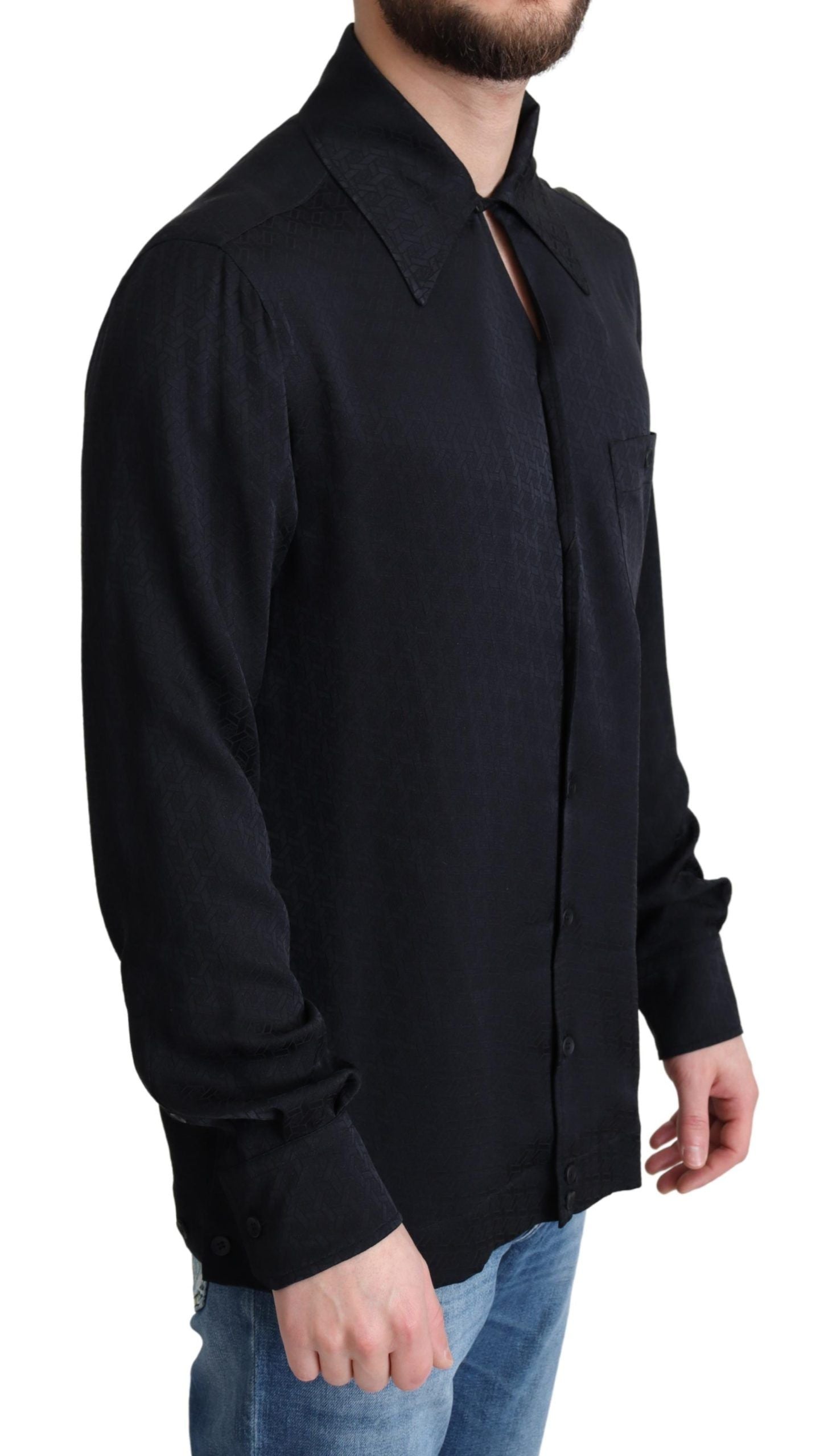 Dolce & Gabbana Black Jacquard Silk Casual Button Down Shirt by Dolce & Gabbana