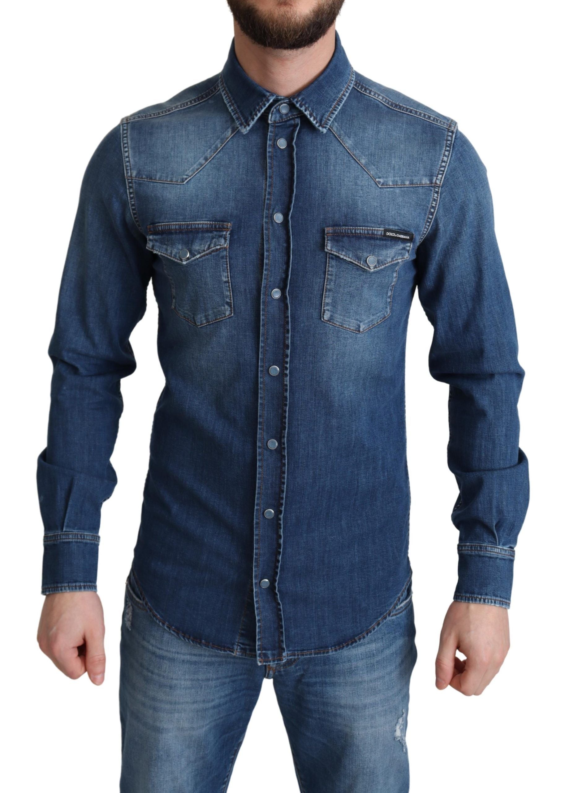 Dolce & Gabbana Blue Cotton Stretch Long Sleeves Denim Shirt by Dolce & Gabbana