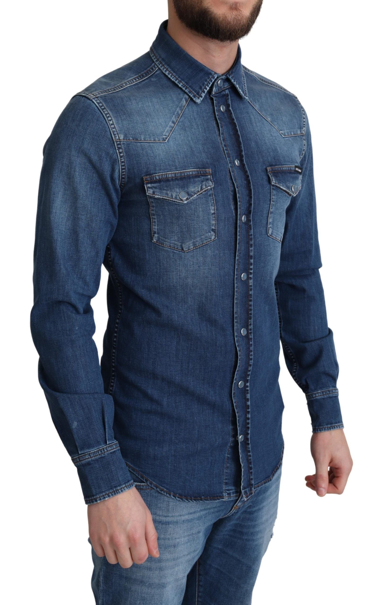 Dolce & Gabbana Blue Cotton Stretch Long Sleeves Denim Shirt by Dolce & Gabbana