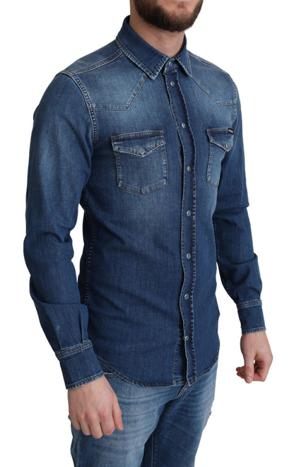 Dolce & Gabbana Blue Cotton Stretch Long Sleeves Denim Shirt by Dolce & Gabbana