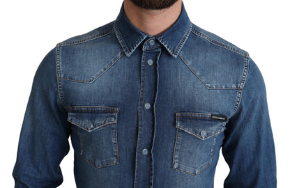 Dolce & Gabbana Blue Cotton Stretch Long Sleeves Denim Shirt by Dolce & Gabbana