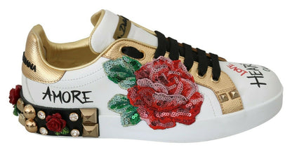 Dolce & Gabbana White Roses Sequined Crystal Womens Sneakers Shoes by Dolce & Gabbana