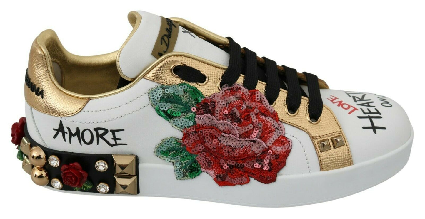 Dolce & Gabbana White Roses Sequined Crystal Womens Sneakers Shoes by Dolce & Gabbana